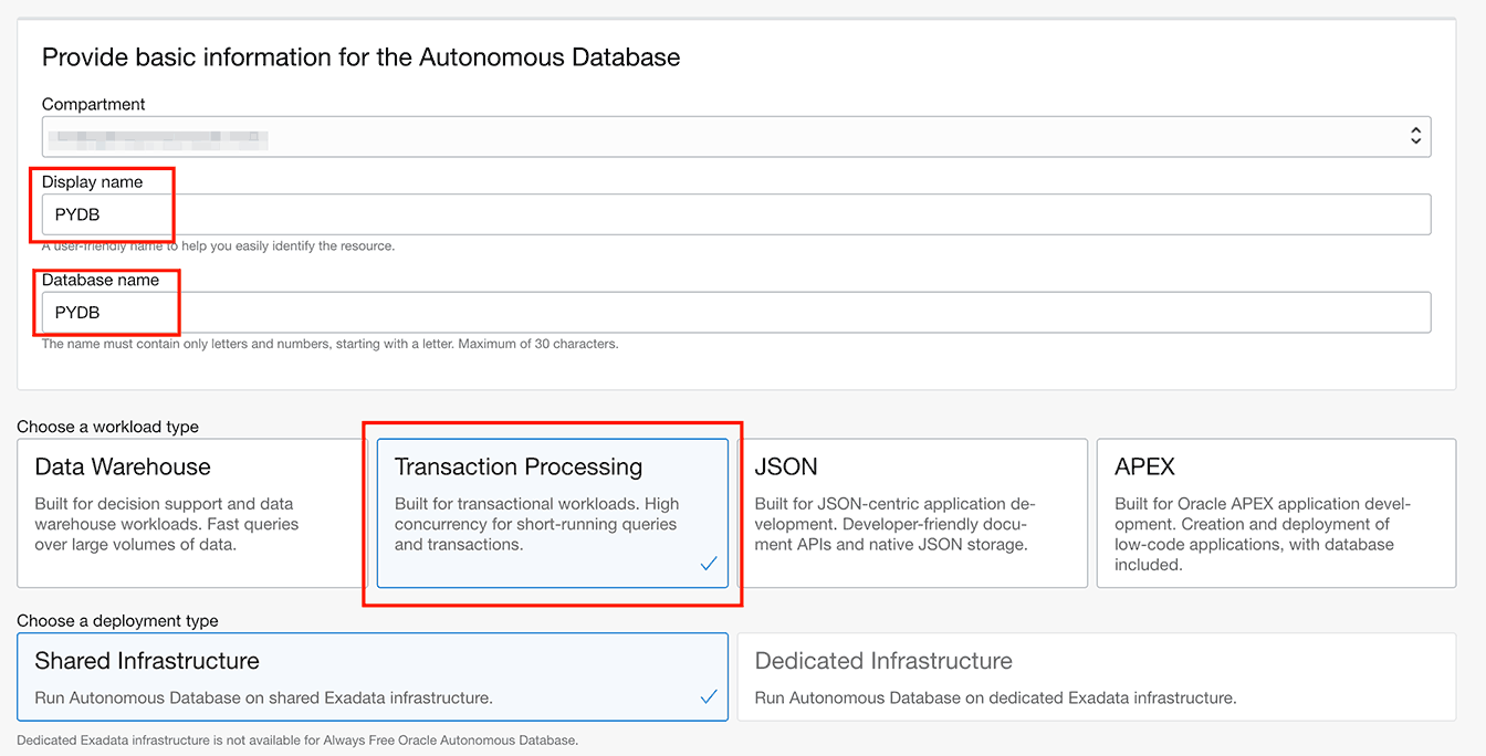 Screenshot of Oracle Autonomous Cloud database creation button