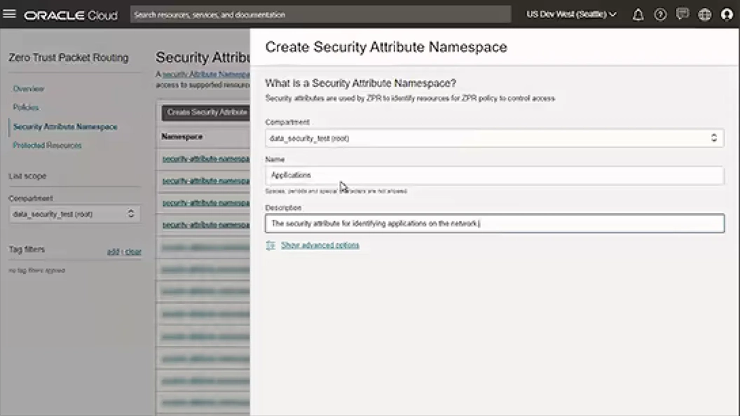 Image of Create Security Attribute Namespace window