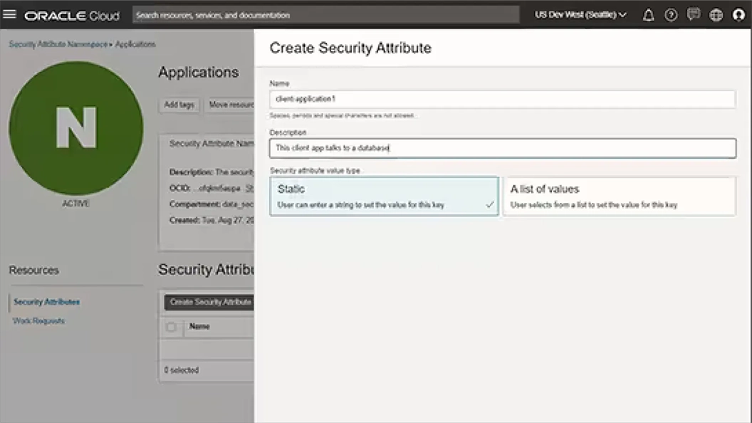 Image of Create Security Attribute window
