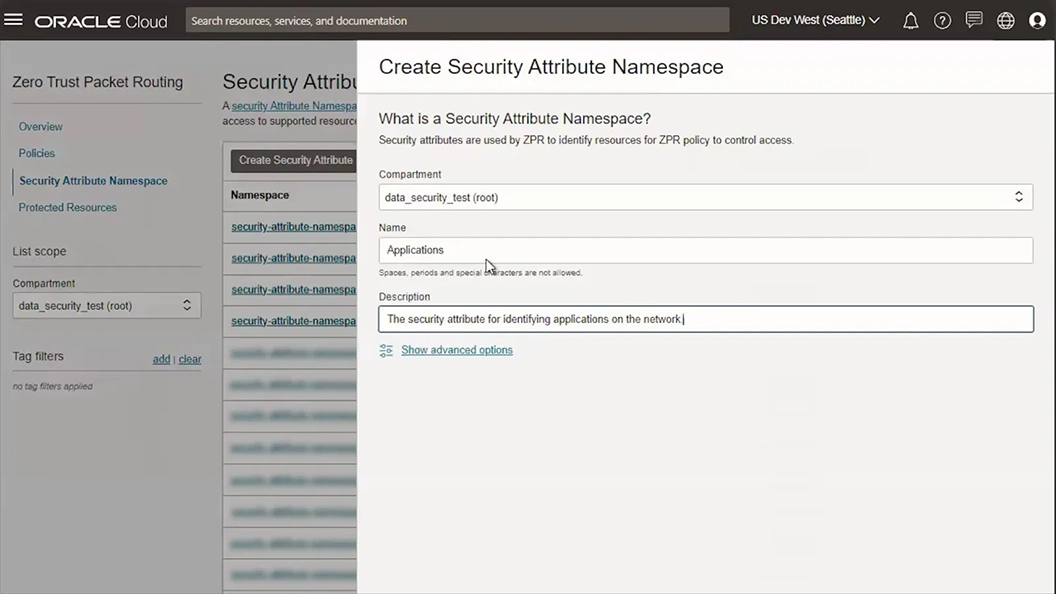 Create Security Attribute Namespace window