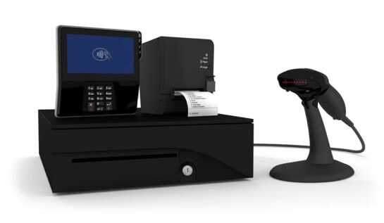 Impressoras de recibos, leitores de cartão de crédito, leitores de carteira móvel, telas voltadas para o cliente, balanças PDV, leitores de código de barras e caixas