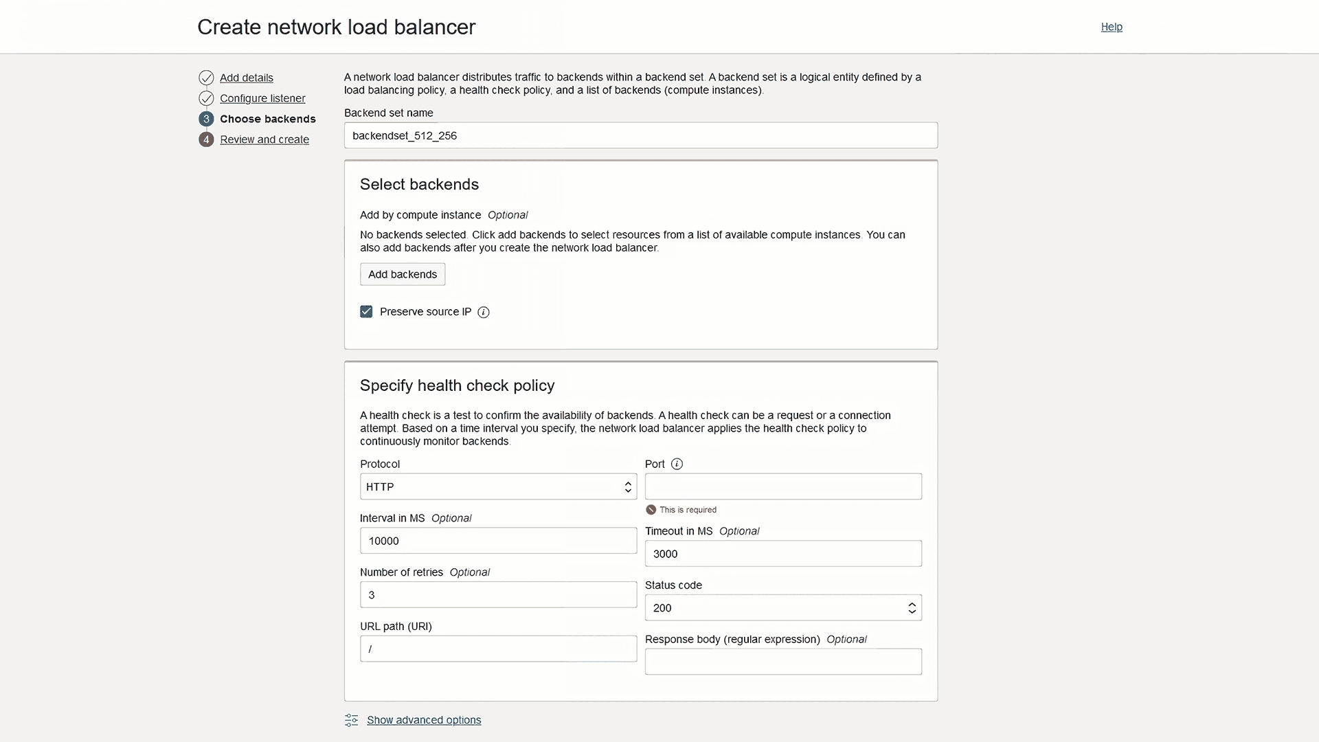 Create network load balancer - Choose backends view