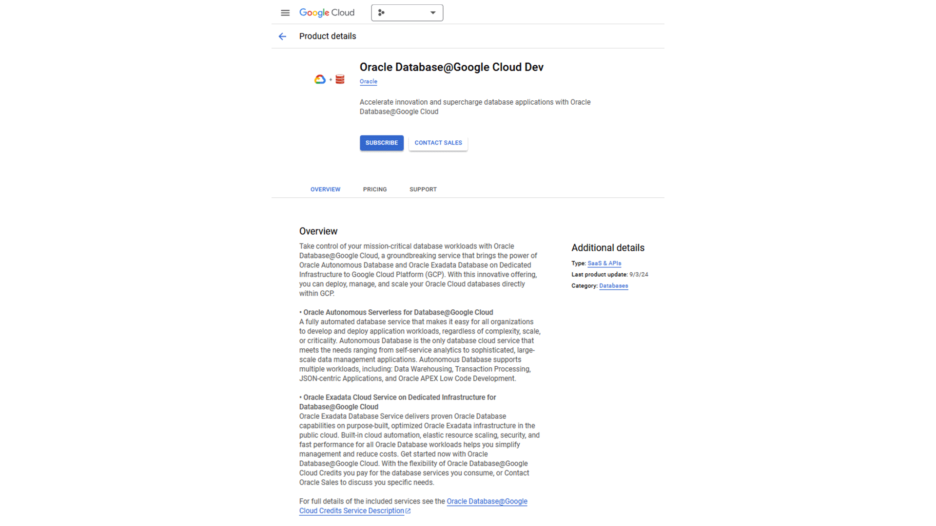Oracle Autonomous Database@Google view